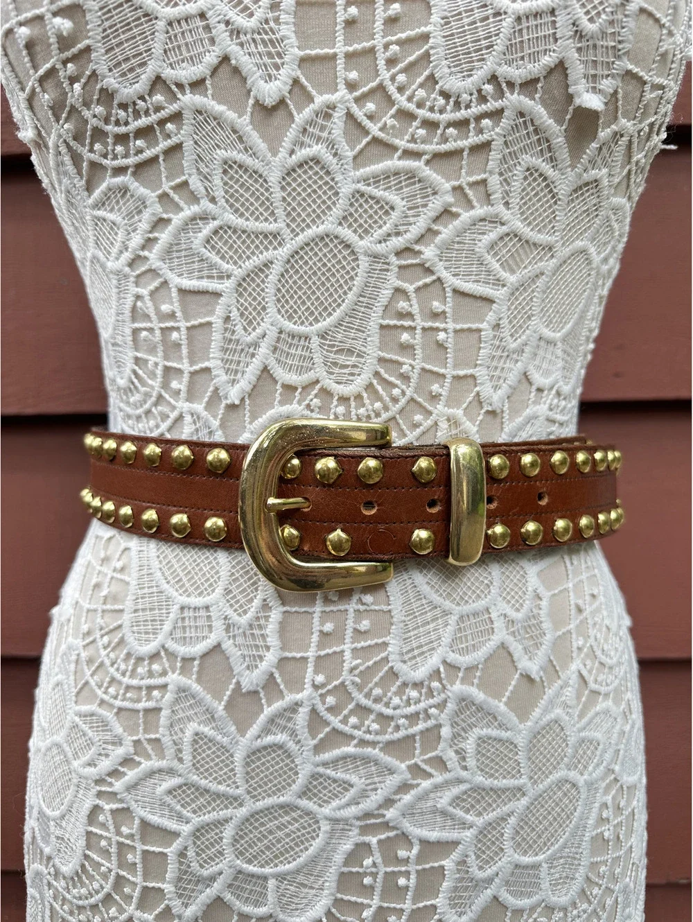Vintage Inspired Brown Faux Leather Studded Belt with Gold Buckle